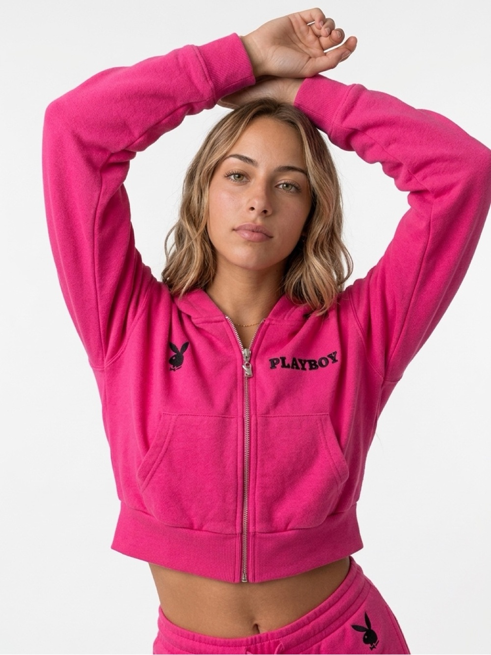 PLAYBOY Hot Pink Cropped Zip-Up Hoodie with Matching flared pants